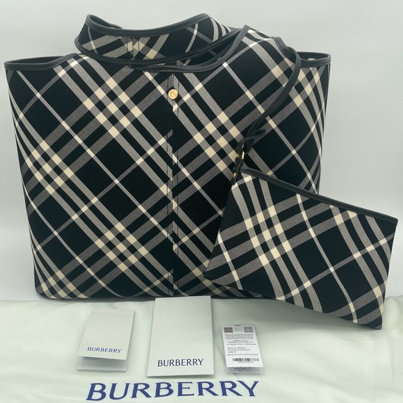 NEW! BURBERRY Medium 2pc Black Check Plaid Tote Bag Authentic NWT! - Picture 8 of 16